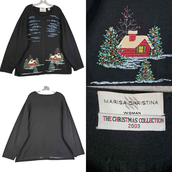 Vintage Marisa Christina Christmas Cardigan Sweater Black Plus Size 3x Chunky - Picture 1 of 9